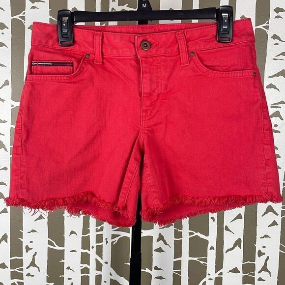 Tommy Hilfiger Red Frayed Hem Jean Shorts 2 - Picture 1 of 5